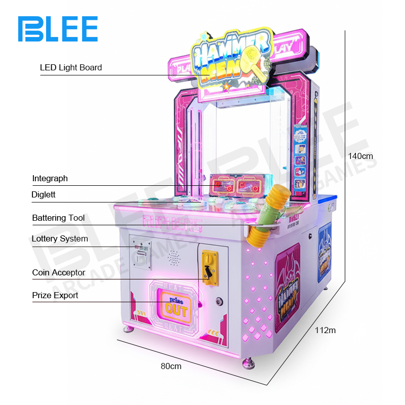 BLEE Super Mole Bashing arcade machine full view with lift platform and superhero graphics