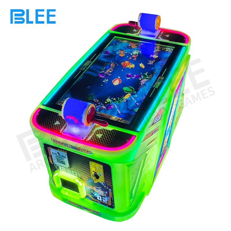 2-player angler game Front view of BLEE Neon Player Dual Fishing showcasing durable rotomolded cabinet with dual fishing rod controls