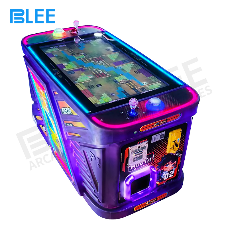 2-player tank game Front view of BLEE Neon Player Tank Duel showcasing military-themed rotomolded cabinet with dual tank control stations