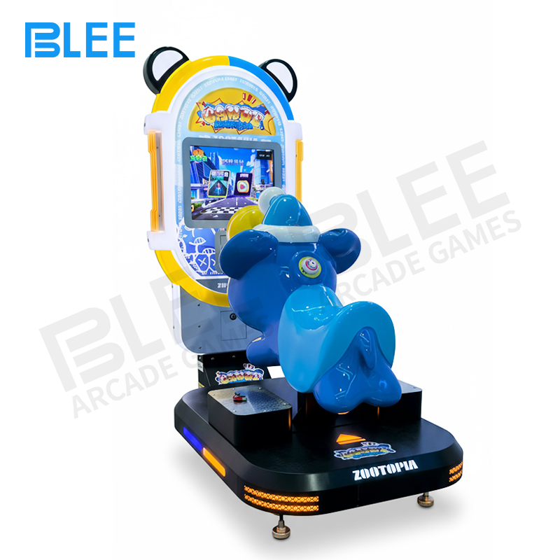 3D animal kiddie ride Isometric view of BLEE Candy Animal City Little Elephant showcasing the full glass fiber elephant sculpture with curved trunk and large ears