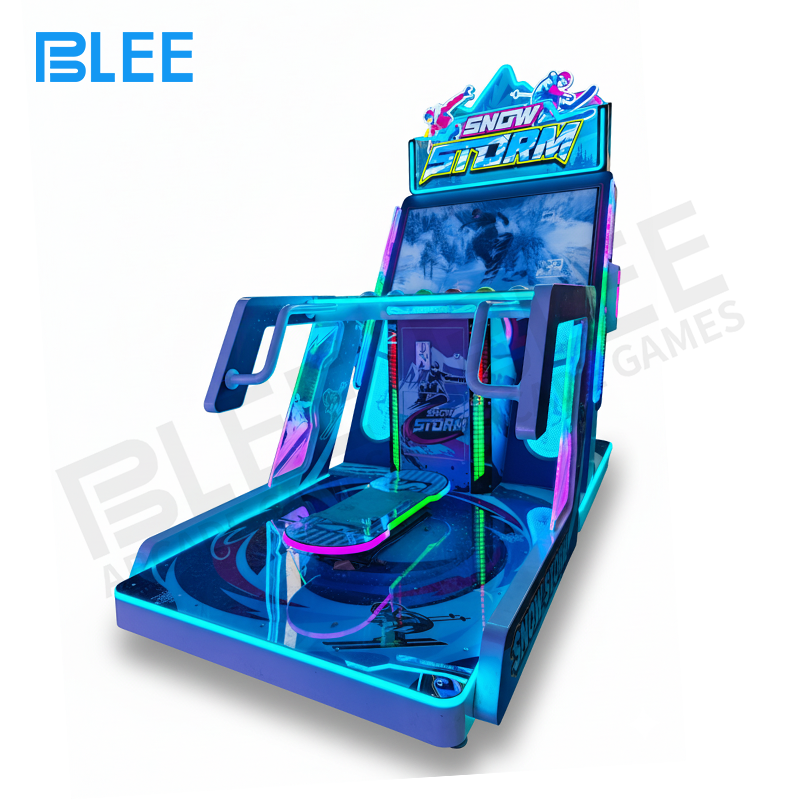 47-inch simulator Front view of BLEE Snowstorm Racer showcasing massive 47-inch display with snow-covered motorcycle aesthetics