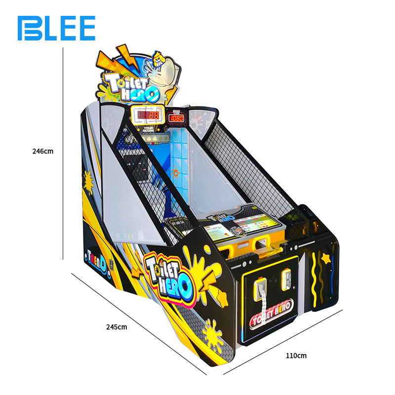 Close-up action shot of player skillfully throwing ball into moving toilet target with precision timing