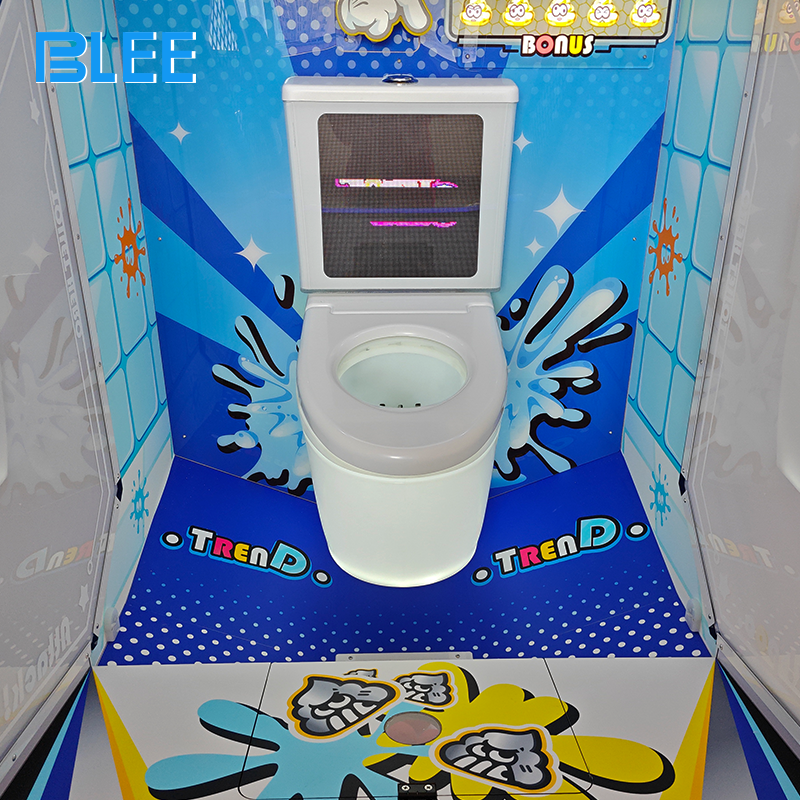 Side angle perspective showing the arcade machine's substantial dimensions (2455×1100×2460mm) with detailed toilet-themed artwork