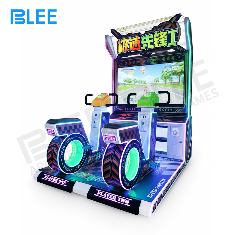 BLEE racing motorcycle BLEE Speed Pioneer racing arcade machine frontal view showing two motorcycle seats and vibrant 40-inch LCD display