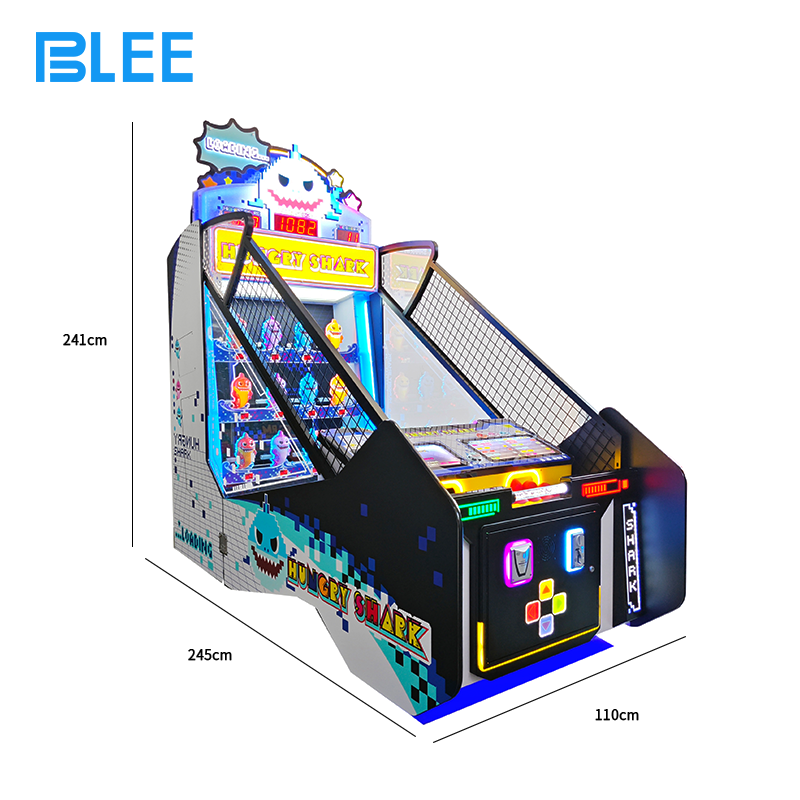 Complete front view of BLEE Hungry Shark arcade machine featuring dynamic underwater graphics and shark characters