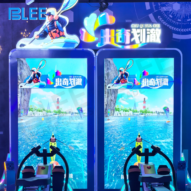 Player using body weight shifting to control virtual rowing direction and speed