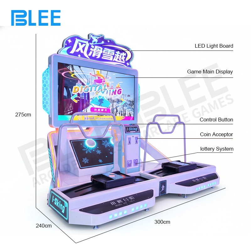 Complete BLEE Wind Ski Adventure dual-player setup with two motion platforms and 85-inch display