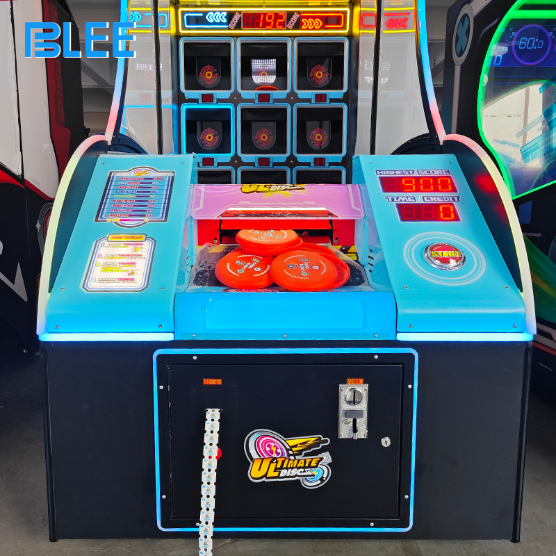 Group of friends engaged in competitive flying disc challenge on the sports redemption machin