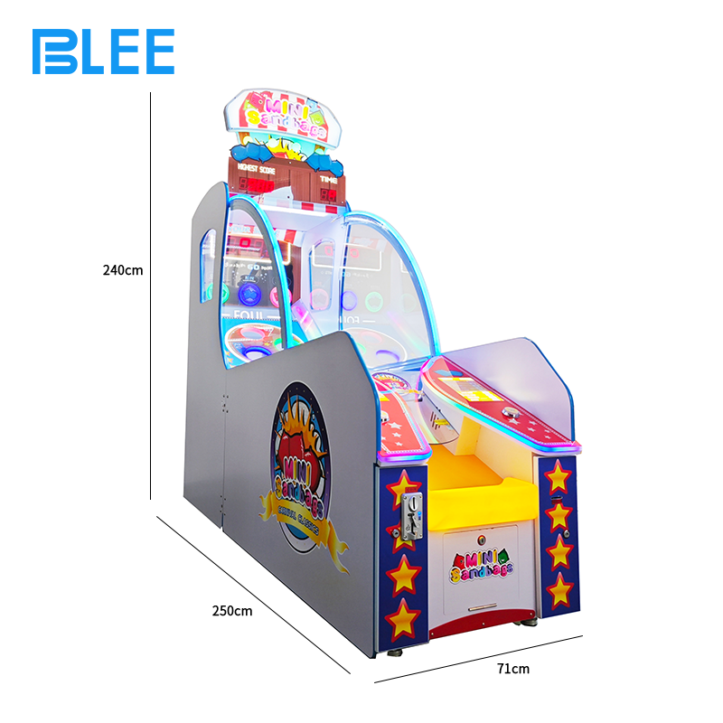 Side perspective showing the arcade machine's ergonomic design and player-friendly throwing station configuration