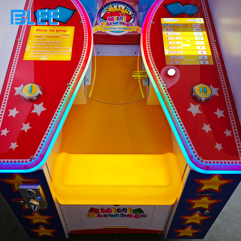 Ticket dispensing mechanism in action rewarding players based on throwing precision and game achievement milestones