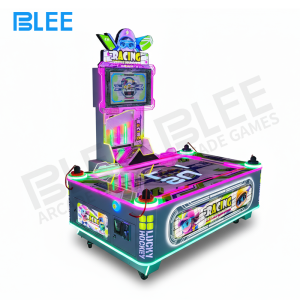 Front view of the BLEE Racing Pro air hockey table with glowing LED perimeter lights and durable all-metal construction