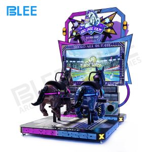 Front view of BLEE Full Throttle horse racing game showing two colorful fiberglass horse seats and large 65-inch display