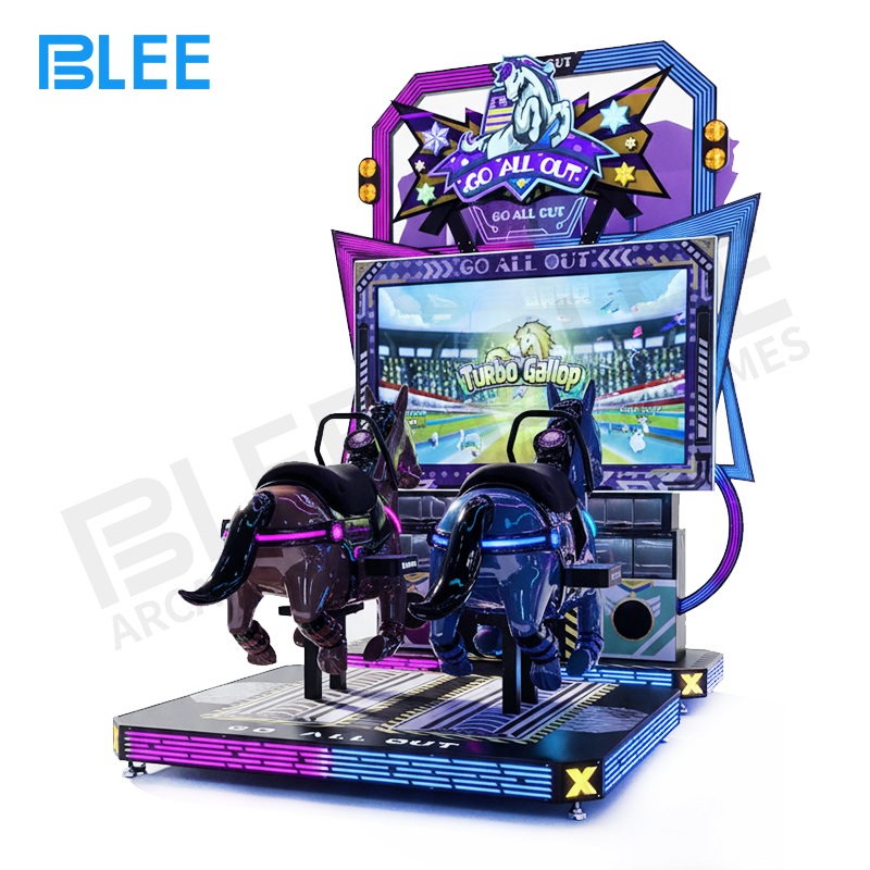 animal racing game Front view of BLEE Full Throttle horse racing game showing two colorful fiberglass horse seats and large 65-inch display