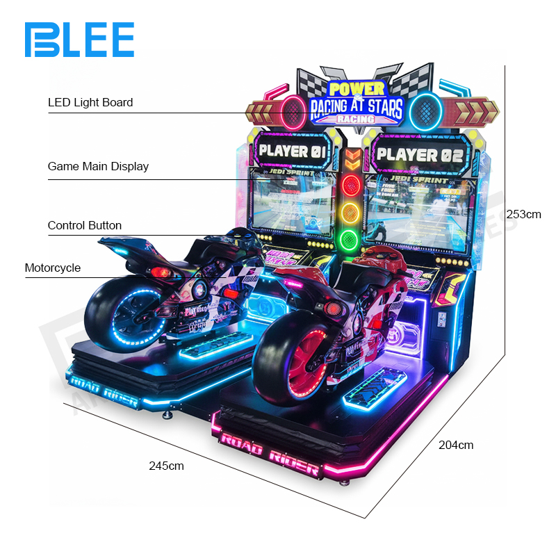 Front view of BLEE Extreme Dash Motion Motorcycle dual-arcade unit featuring two realistic bike seats and a prominent 42-inch HD LCD display.