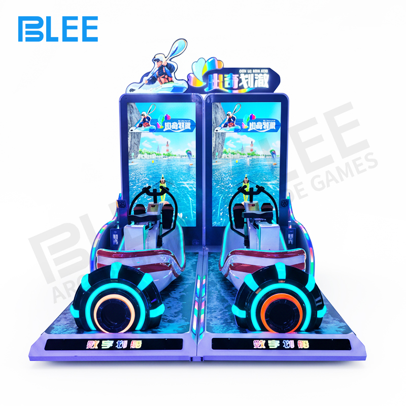 balance rowing simulator Complete BLEE Balance Row Challenge installation showing colorful cabinet and motion platform