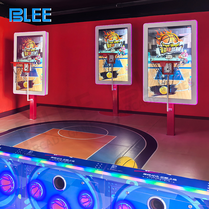 basketball training system Professional installation of BLEE HD Basketball Challenge showing complete digital basketball system with HD display and regulation hoop