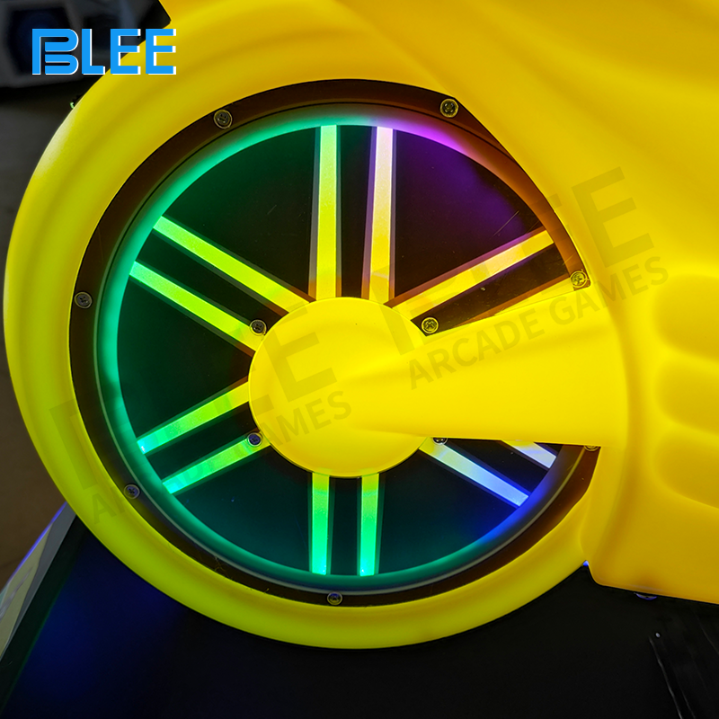 Young player enjoying safe motorcycle racing on specially designed controls