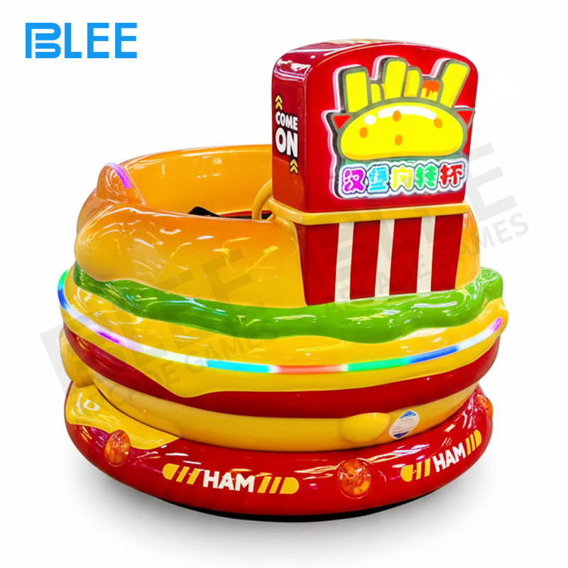 children amusement ride Front view of BLEE Hamburger Dog Spinning Cup showcasing whimsical hamburger-and-dog themed dual seating design