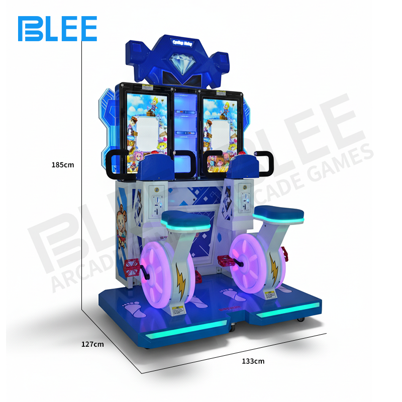 Two children enjoying simultaneous cycling gameplay on vertical screen