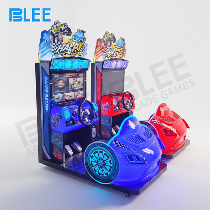 compact racing game Player immersed in racing gameplay with realistic handlebar controls and 27-inch display