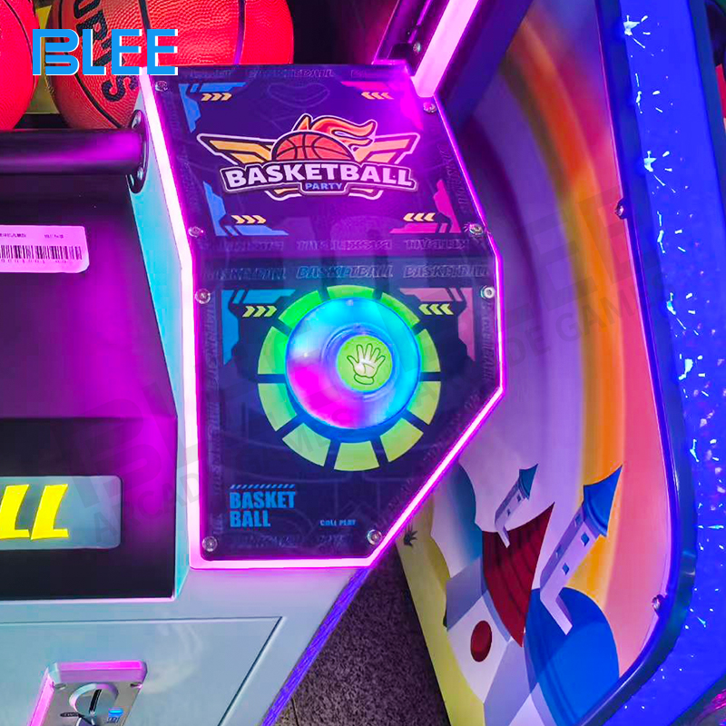 Child shooting basketballs at hoop with LED scoring display tracking successful shots