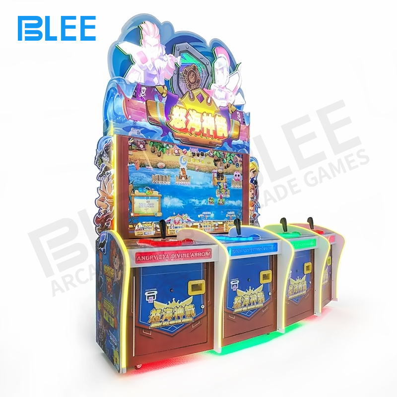 cooperative arcade game Player aiming a crossbow at monsters on floating logs approaching a cartoon castle.