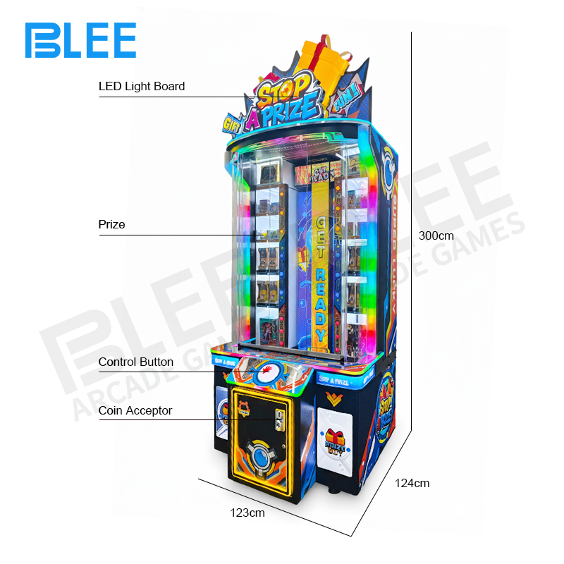 Full front view of BLEE Gift From Heaven showing tall vertical cabinet with illuminated prize zone display