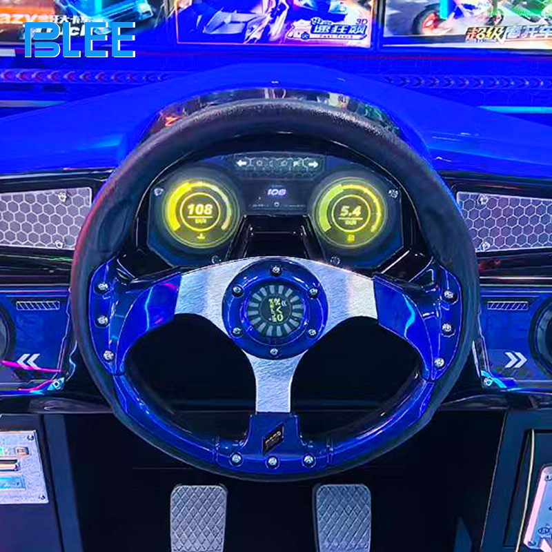 Blue-accented steering wheel and control panel details