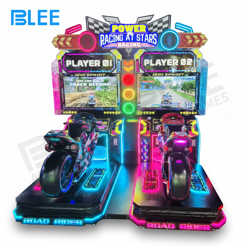 dynamic motion motorcycle Real-world deployment in a large arcade, showing multiple Extreme Dash units forming a dedicated racing competition area.