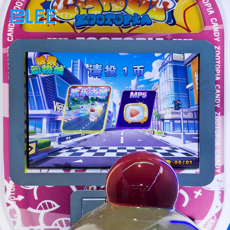 Close-up of the 10-inch LCD screen displaying colorful animations, games, and media options