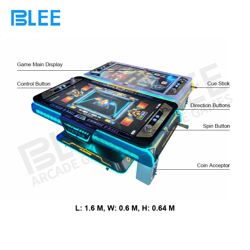 Player using pull lever controller to shoot digital pool balls on 55-inch display