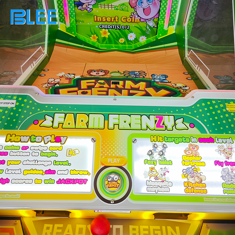 Full view of arcade machine dimensions and farm-style graphics