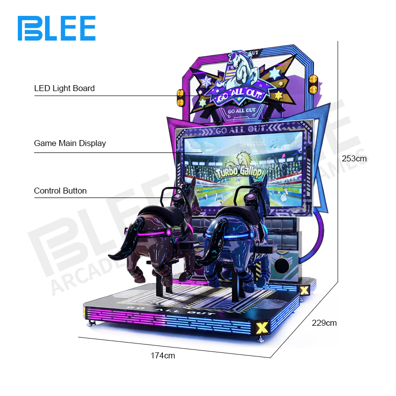 Player's perspective view of the vibrant horse racing animation on the 65-inch LCD screen