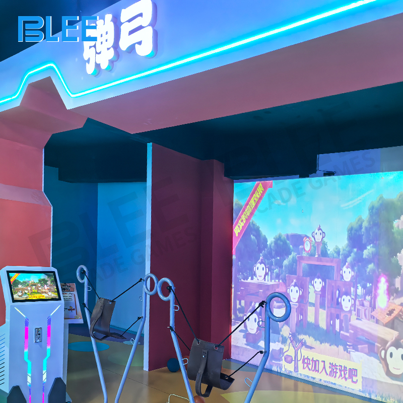 interactive target shooting Player demonstrating proper slingshot stance and aiming technique with tension controller