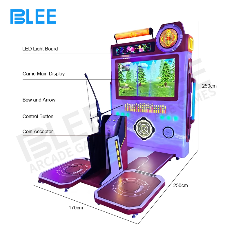 Complete BLEE Arrow Instinct cabinet setup measuring 2.5x1.7x2.5 meters with vibrant lighting
