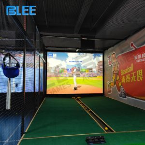 Batter in proper stance facing realistic pitching projection on large screen