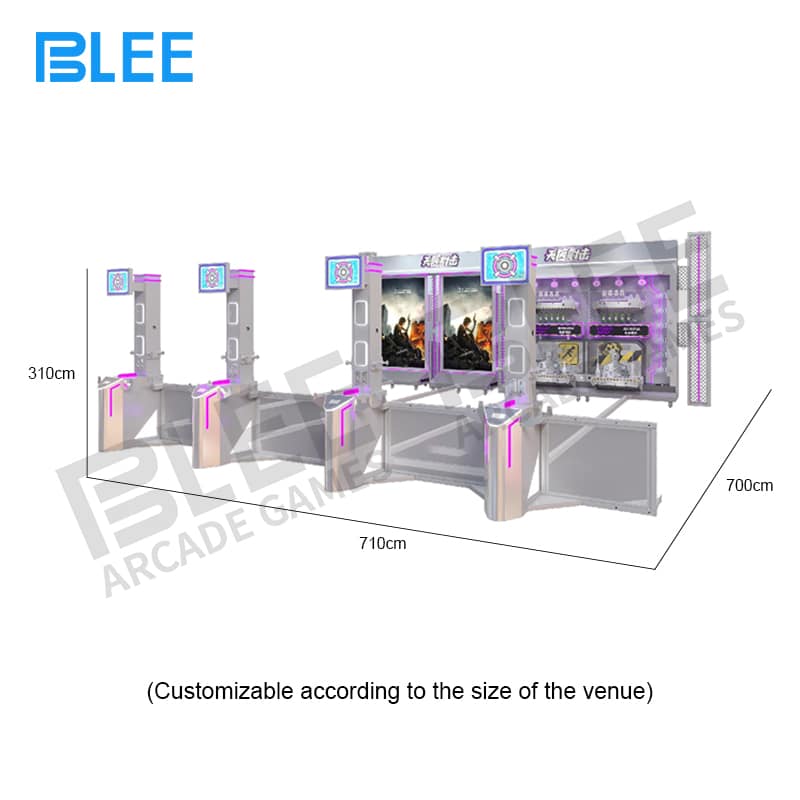 Six players simultaneously engaged in competitive shooting at professional stations