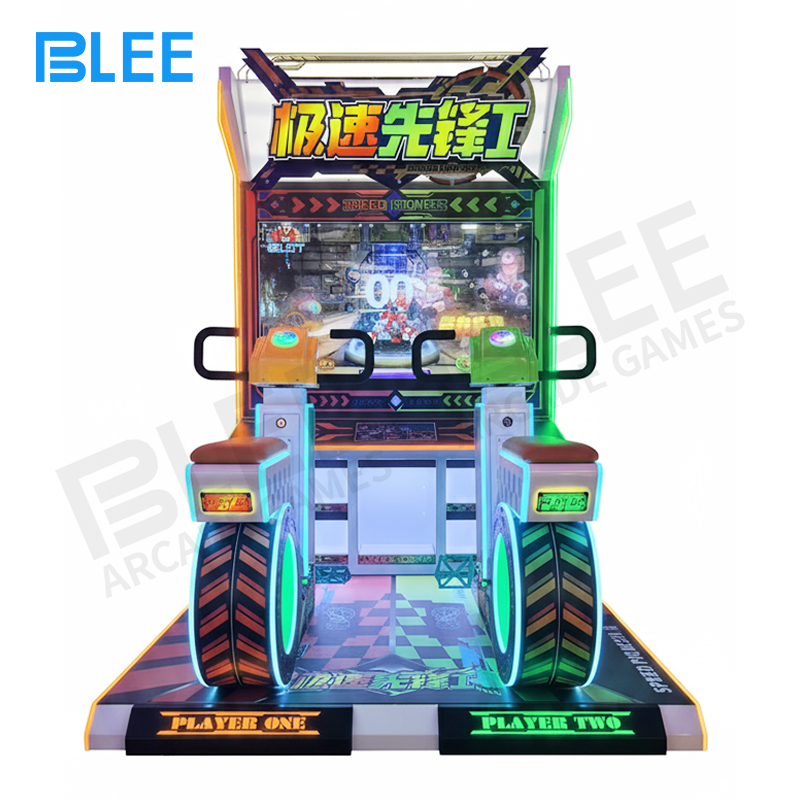 racing game machine Two players competing head-to-head on BLEE Speed Pioneer arcade machine in an amusement center setting