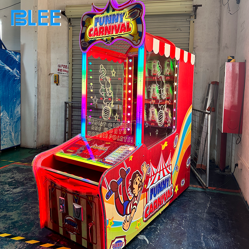 Side and rear perspective showing the arcade machine's space-efficient dimensions (L1820×W770×H2050) with detailed party decoration elements