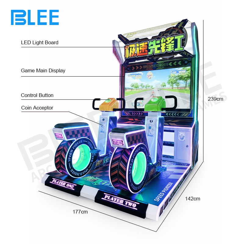 Gameplay screenshot displaying one of three selectable characters racing through dynamic urban environment