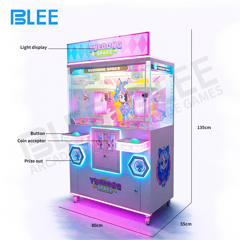 Front view of the BLEE Duo Claw Challenge cabinet with two distinct player stations.