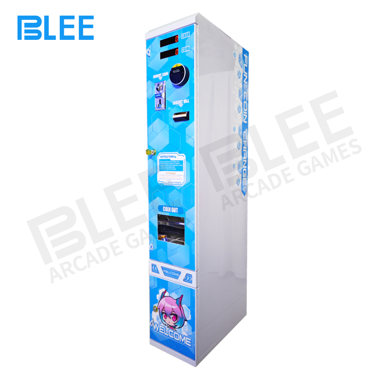 space-saving arcade kiosk Tokens being dispensed smoothly from the output chute into a collection cup.