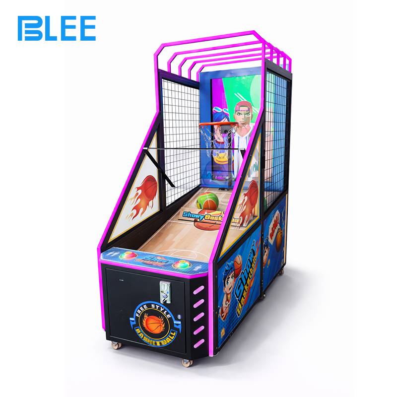 42-inch kids basketball BLEE 42-Inch Kids LCD Basketball Arcade Game with vibrant screen displayed in a colorful family entertainment center.
