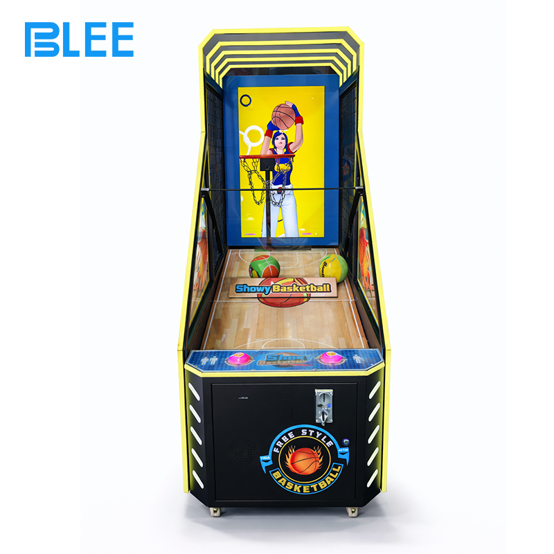 LCD basketball game Integrated ticket dispenser issuing colorful tickets based on final game scores.