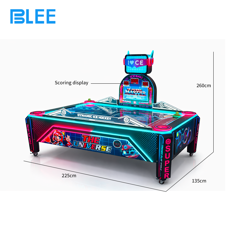 Full overhead view of the expansive L225×W135 cm playing surface with multiple pucks in play.