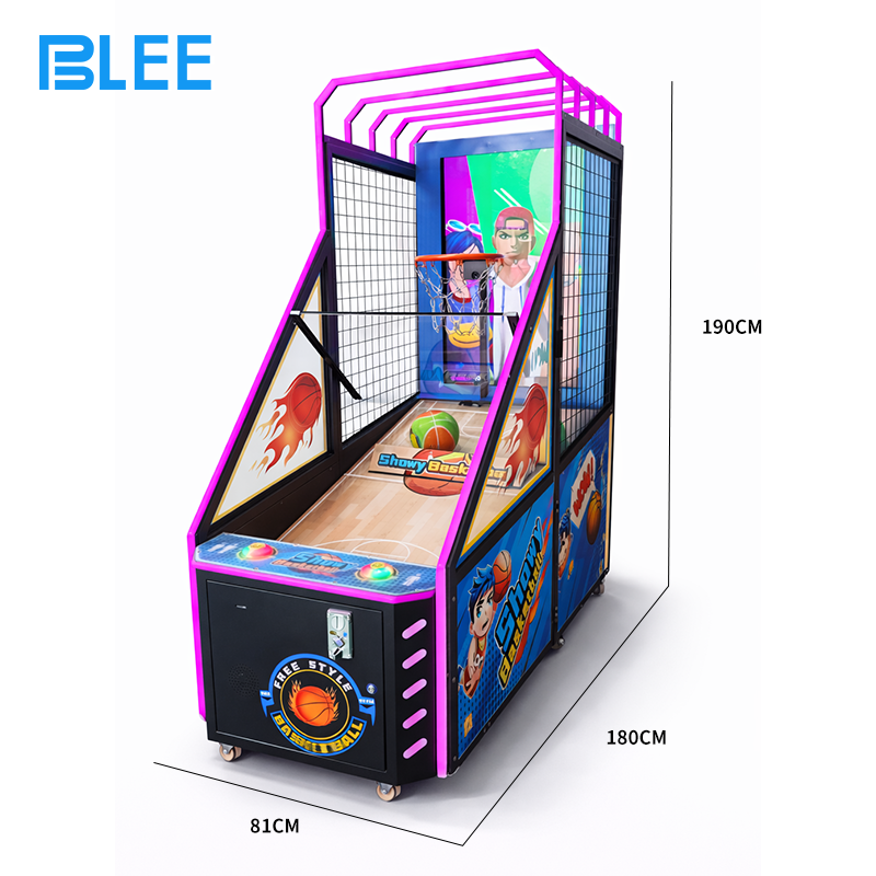 Full front view showcasing the 42-inch LCD display, child-height hoop, and playful cabinet graphics.