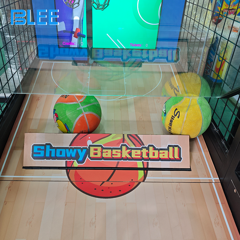Young child shooting a soft basketball at the hoop while watching scoring animations on the large LCD screen.