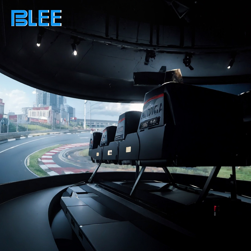 BLEE VR Track Cinema (L9000×W6000×H3200mm, 900KG) with 6M curved screen featured in a premium entertainment center.