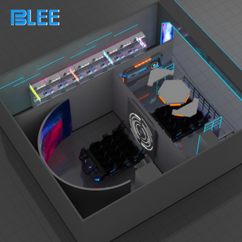 Ten players seated in motion chairs watching the curved screen with no 3D glasses required.