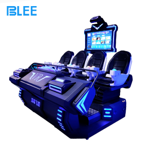 Four players seated comfortably inside the black cinema cabin wearing headsets during a horror experience.